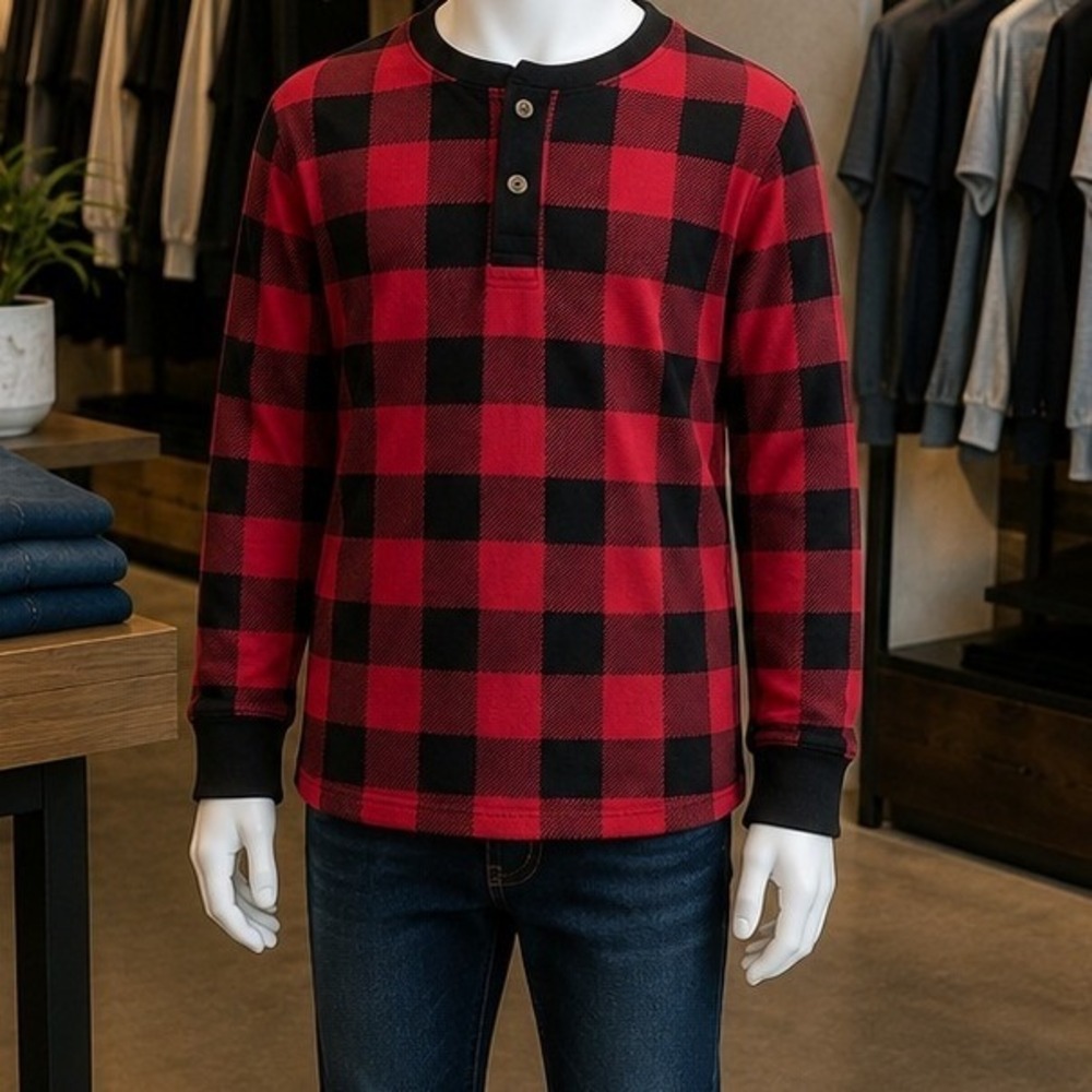 The Children's Place Boys Henley Buffalo Plaid Red Black Waffle Knit XL 14